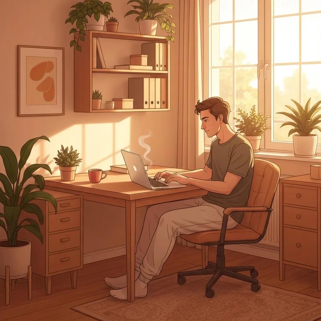 Person working on a laptop at a wooden desk in a sunlit home office, surrounded by plants and books, representing a freelancer's workspace for health insurance research.
