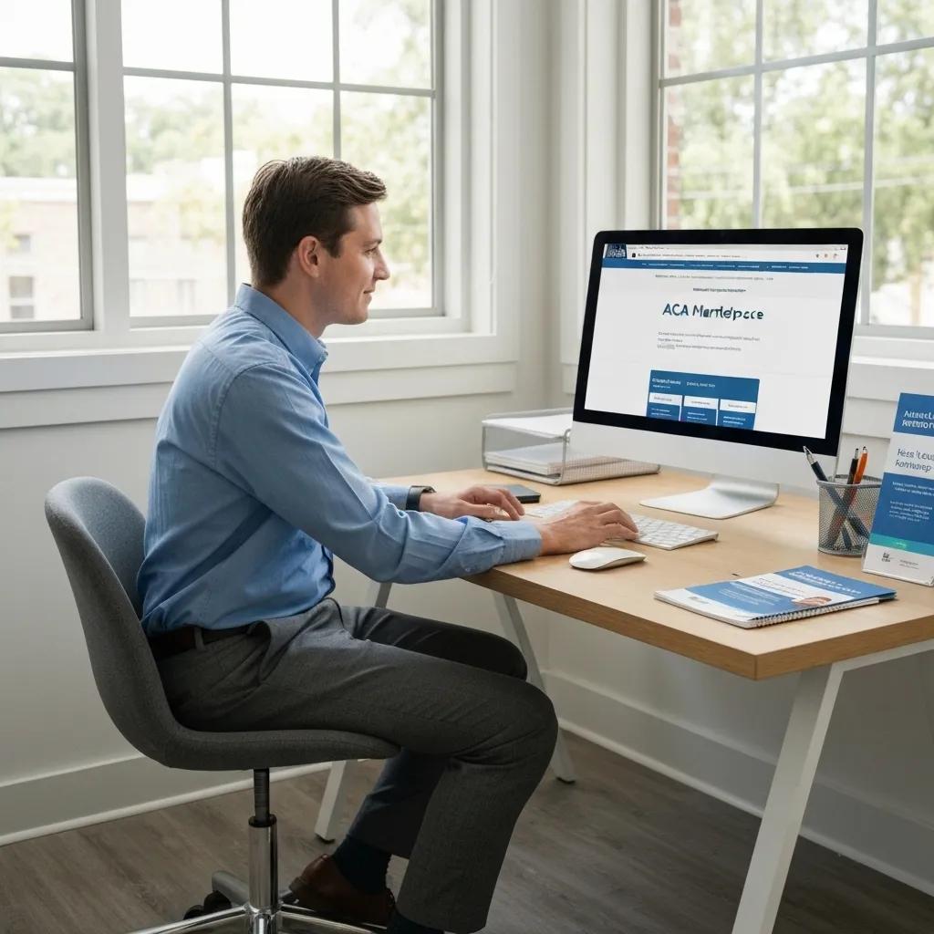A self-employed individual using a computer to enroll in the ACA Marketplace