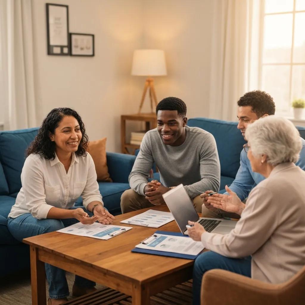 Group discussing health insurance options around a table with documents and a laptop, emphasizing collaboration and personalized service for self-employed individuals and freelancers.
