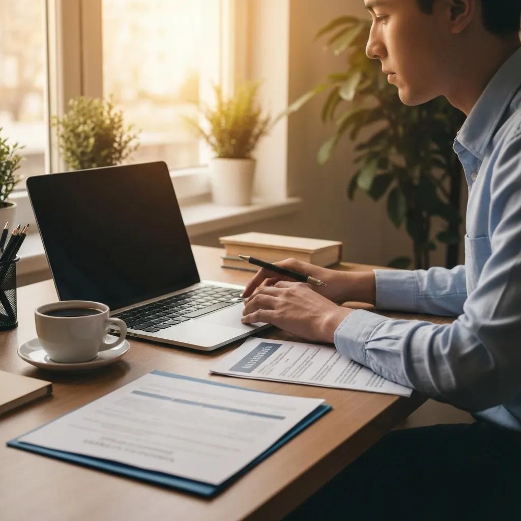 Man working on a laptop at a desk with health insurance documents, coffee cup, and plants, illustrating the process of comparing health insurance options for self-employed individuals.