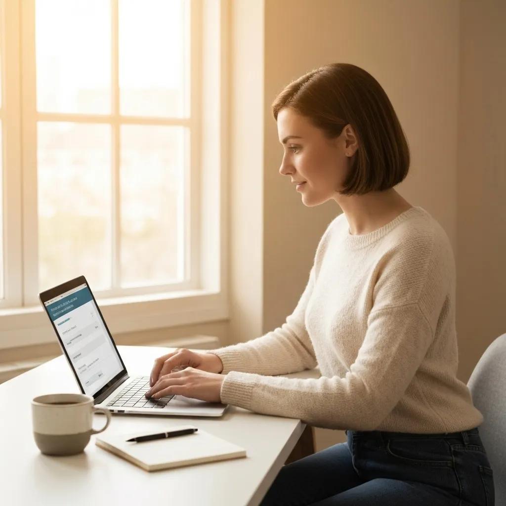 A person is shown filling out a health insurance quote form on a laptop, seated at a comfortable desk, suggesting ease of use.