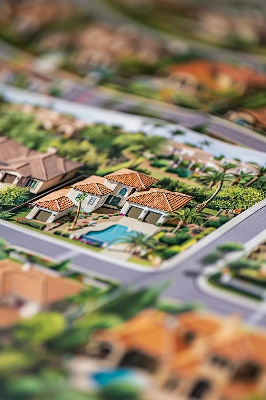 Colorful real estate layout featuring a modern home with a pool, surrounded by landscaped gardens and palm trees, emphasizing Arizona's residential market.