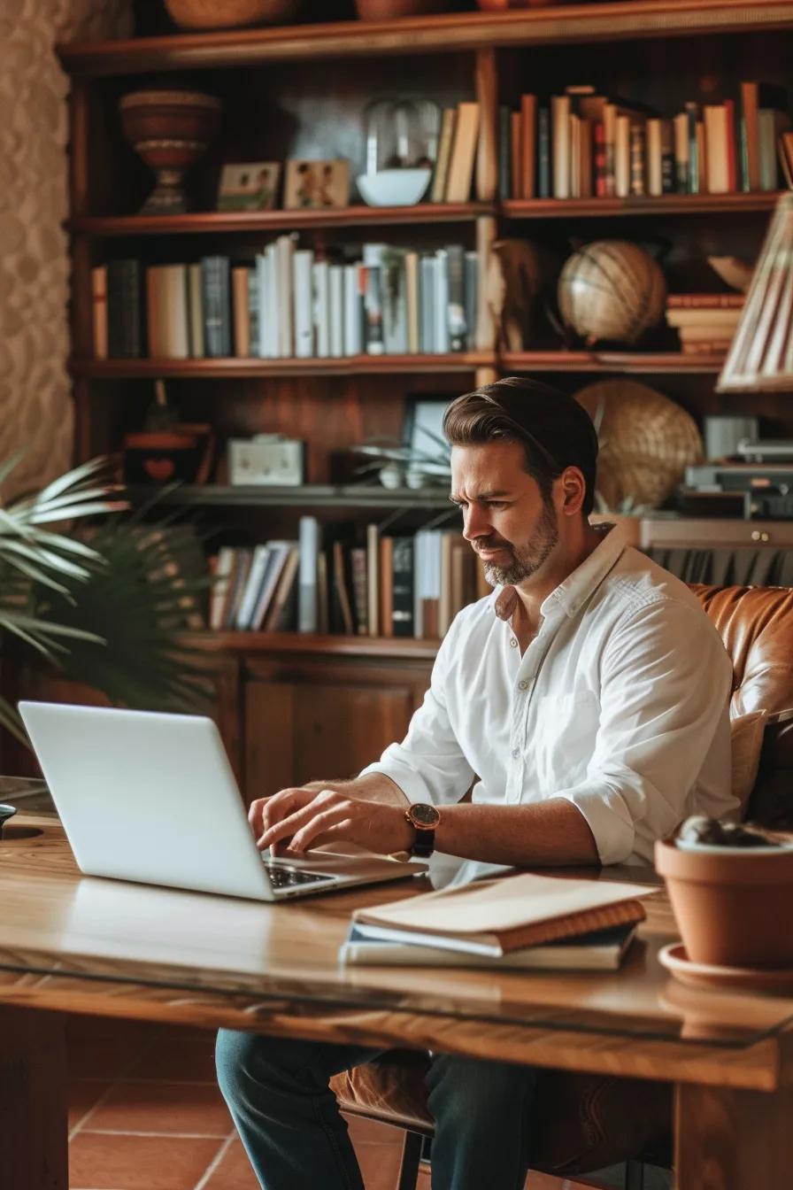 Man working on a laptop at a wooden desk in a cozy office setting, surrounded by bookshelves and a potted plant, illustrating the focus and productivity of self-employed real estate agents in Arizona.