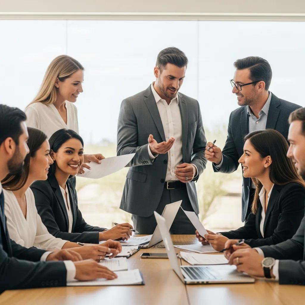 Diverse Arizona real estate team discussing health insurance options in a modern office setting, emphasizing collaboration and employee well-being.