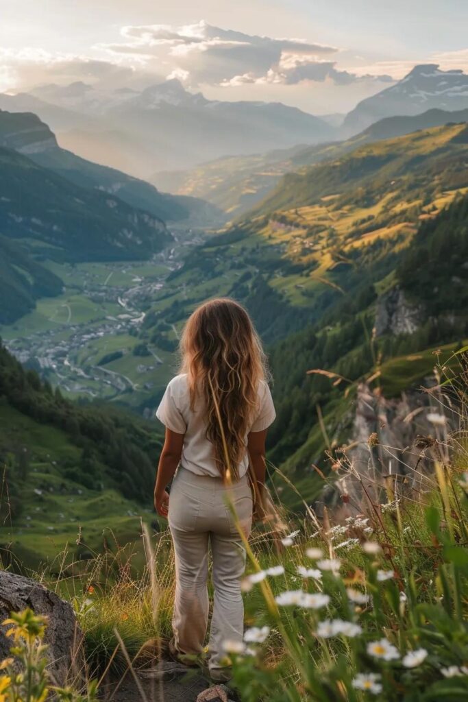 Woman overlooking a scenic mountain valley at sunset, surrounded by wildflowers, reflecting tranquility and nature's beauty.