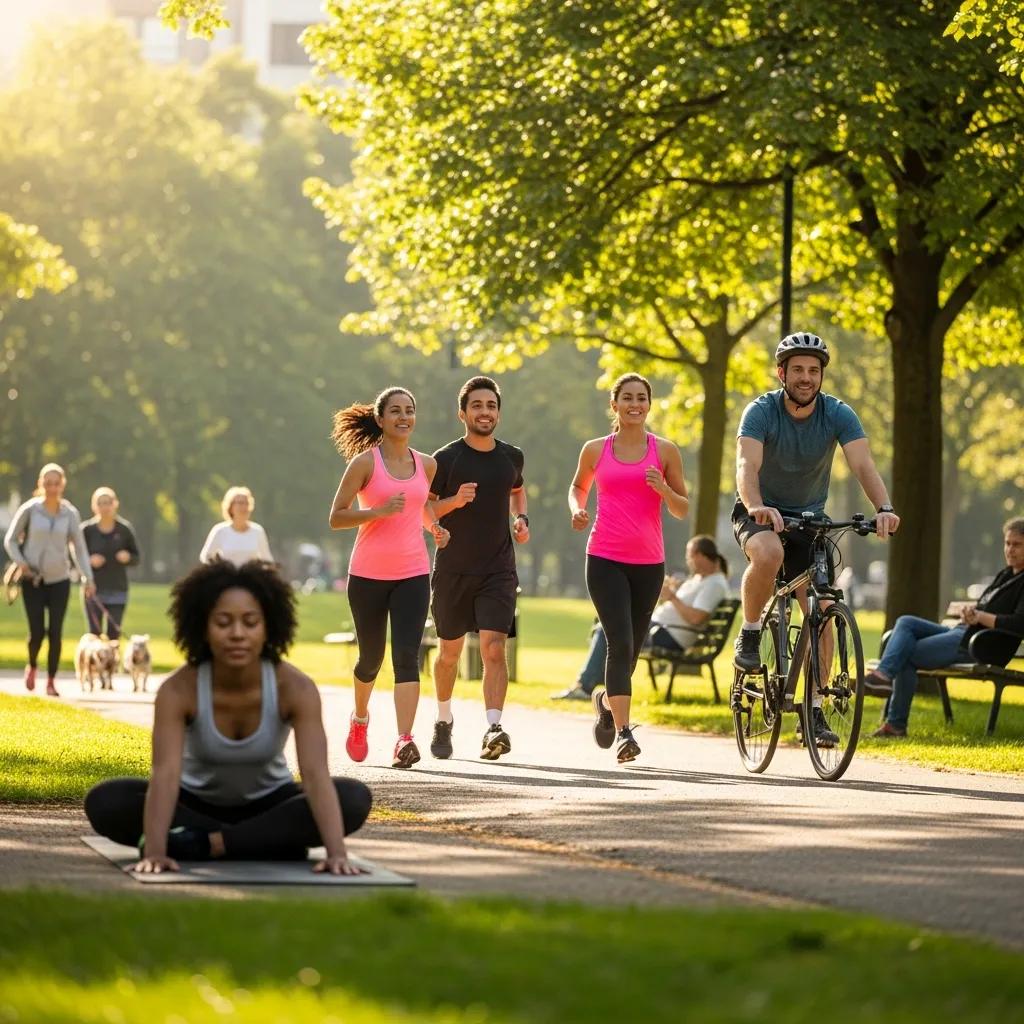 Diverse group of people engaging in healthy activities, including running and yoga, in a park promoting wellness and healthy living.