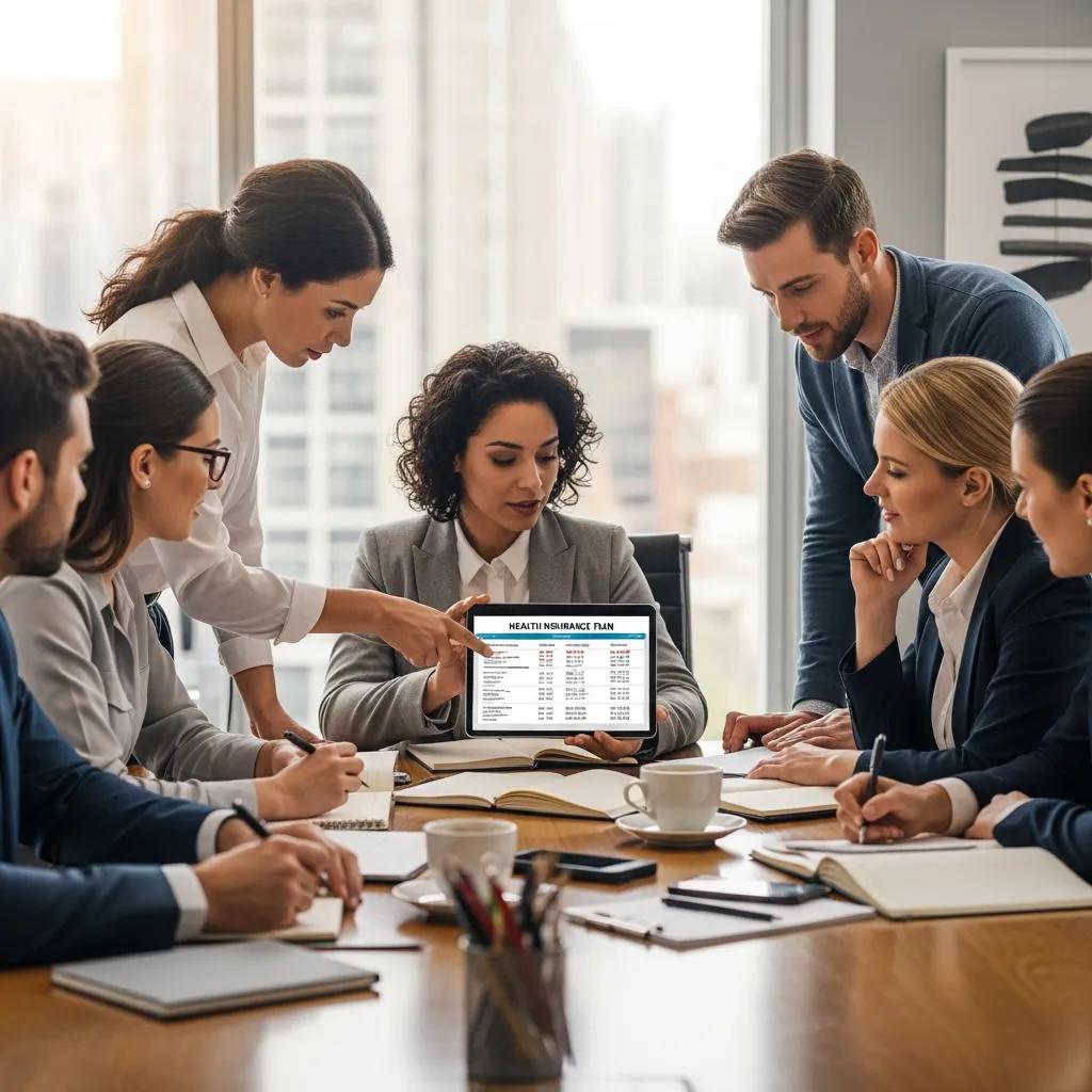 Diverse real estate agents discussing ACA Marketplace health insurance options in a modern office