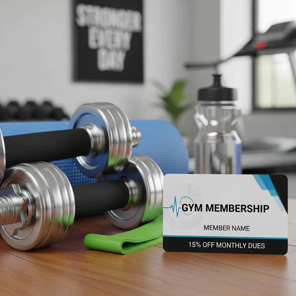 Gym membership card highlighting wellness incentives, with dumbbells, resistance band, and water bottle in a home gym setting, emphasizing fitness benefits in Arizona health insurance plans.
