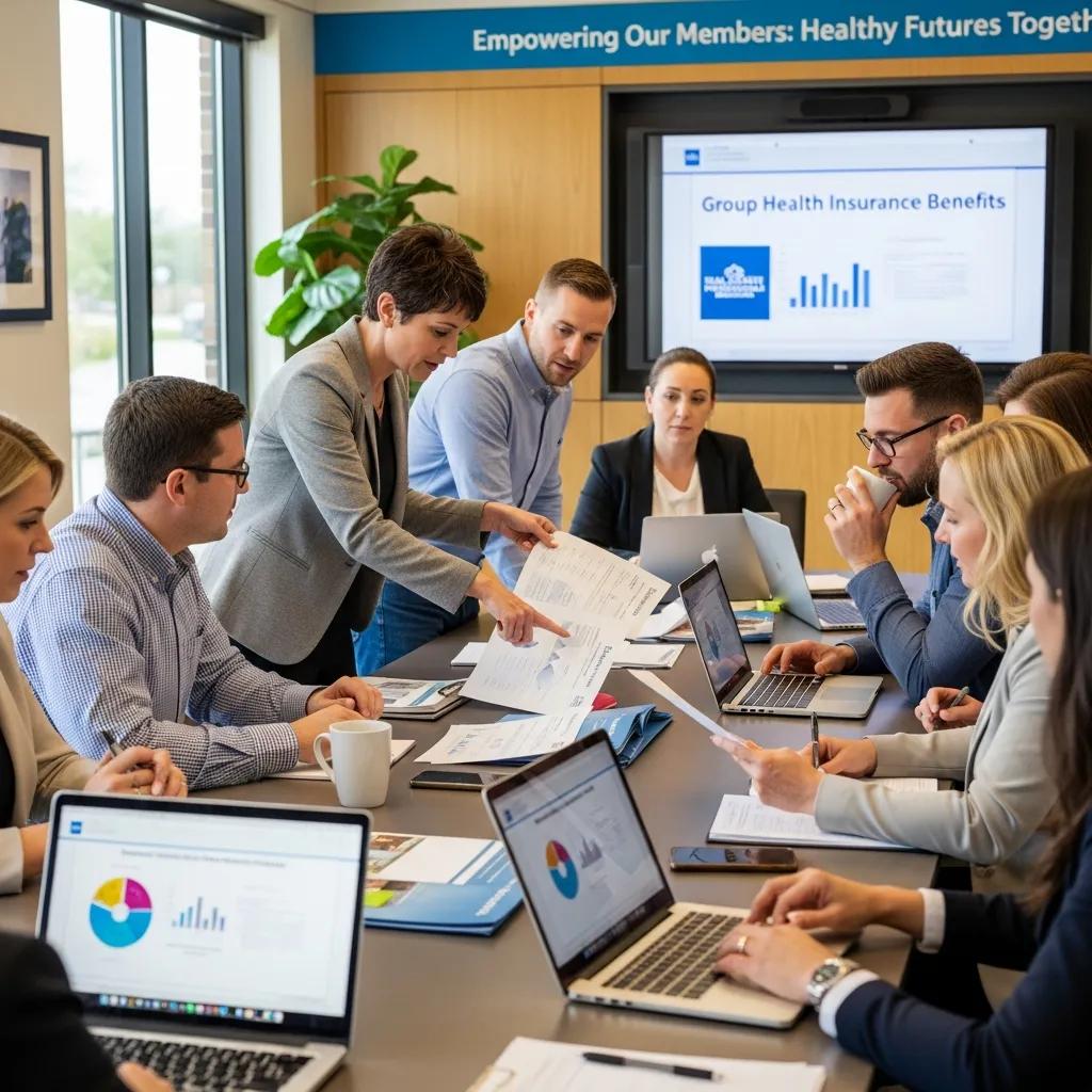 Real estate agents in a professional association meeting discussing group health insurance plans