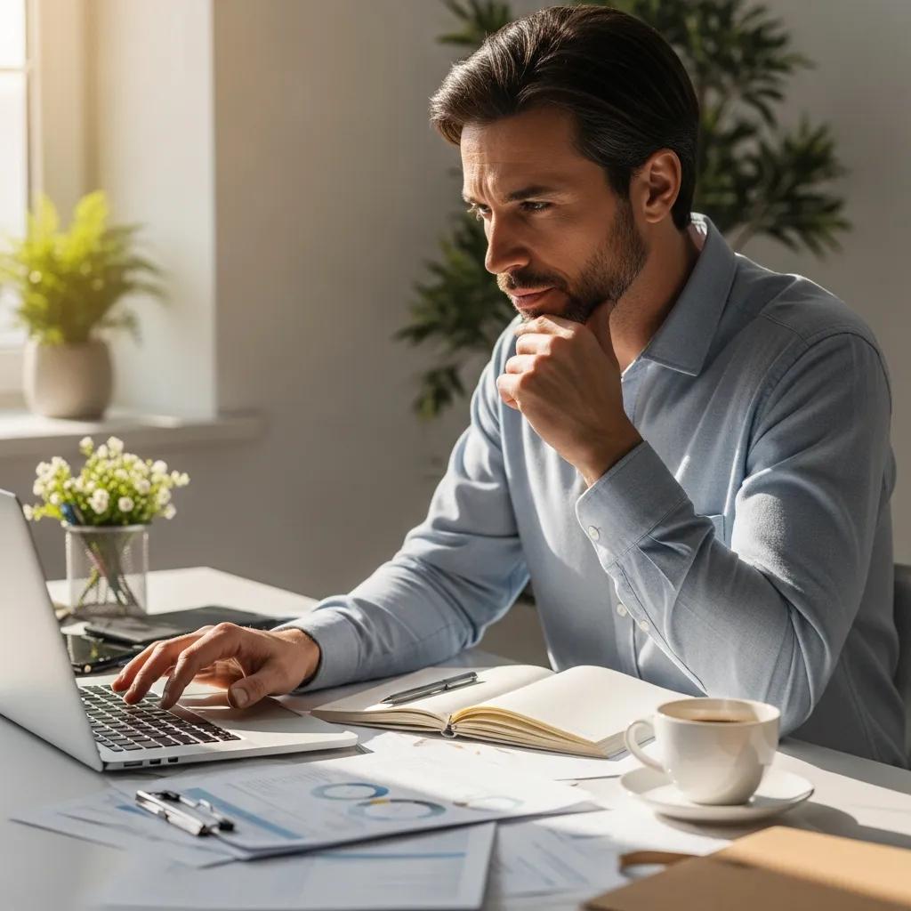 Self-employed real estate agent reviewing health insurance options on a laptop in a cozy home office, surrounded by paperwork and a cup of coffee.