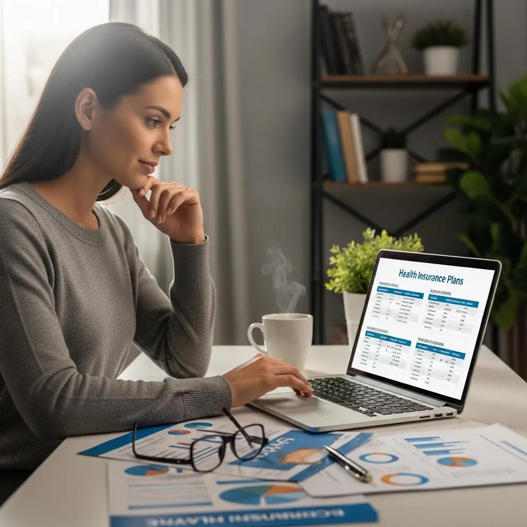 Travel nurse evaluating various health insurance options at a workspace