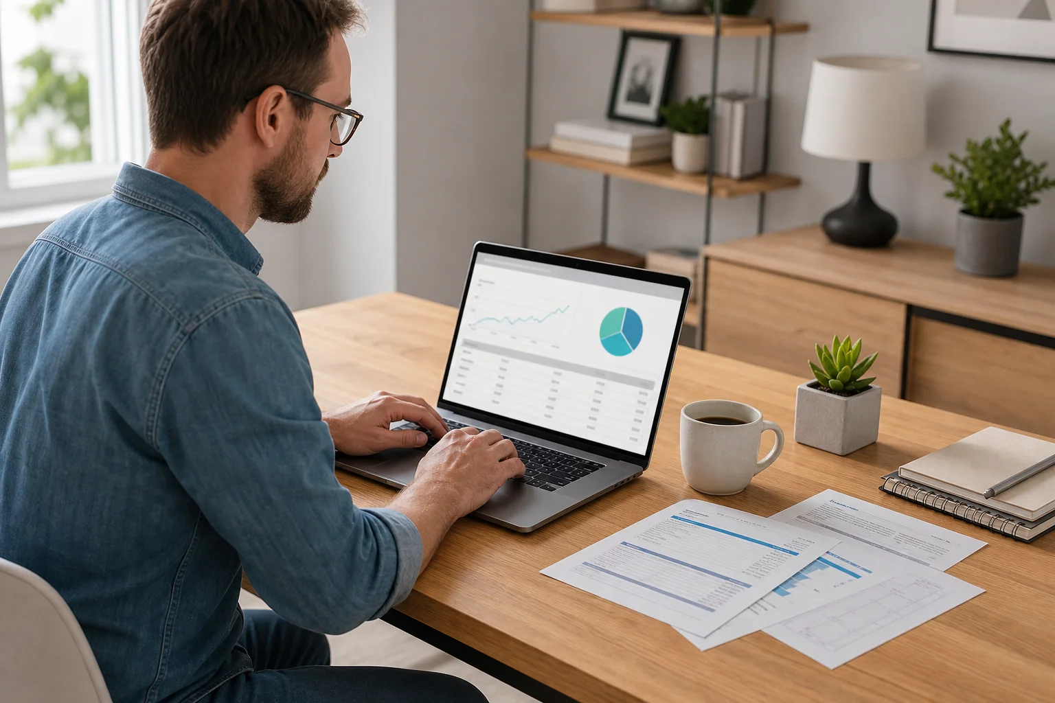 Self-employed Arizona professional reviewing health plan options on a laptop at a home office desk, with an HSA account statement and insurance documents visible