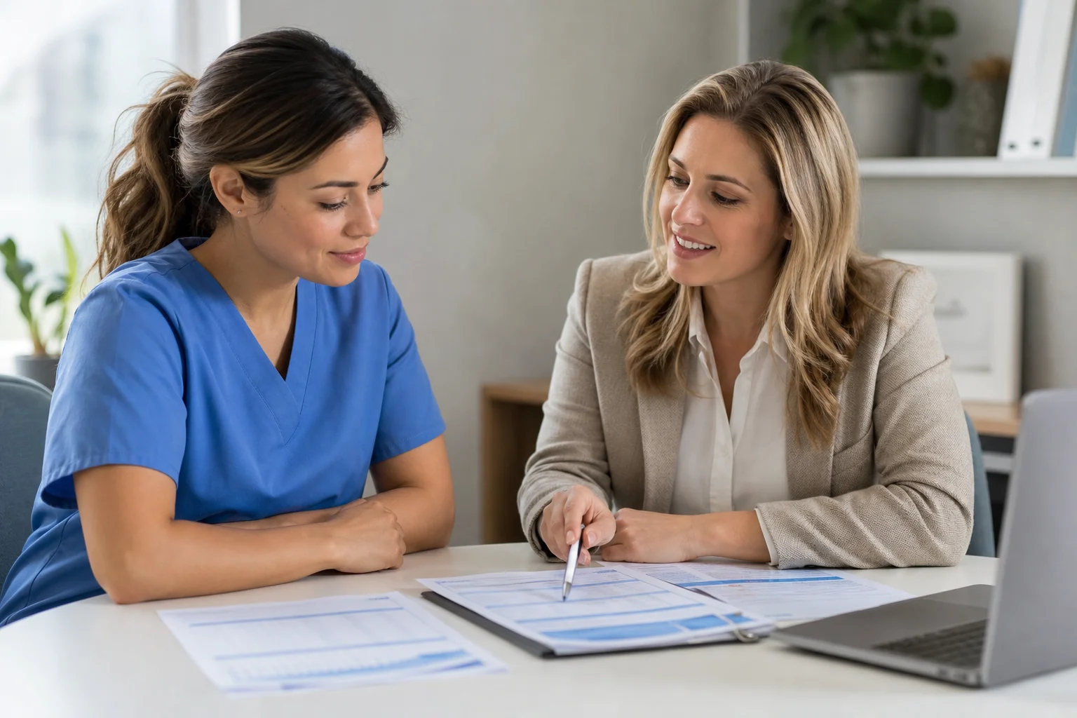 Travel nurse reviewing health insurance plan options with an advisor at a professional desk