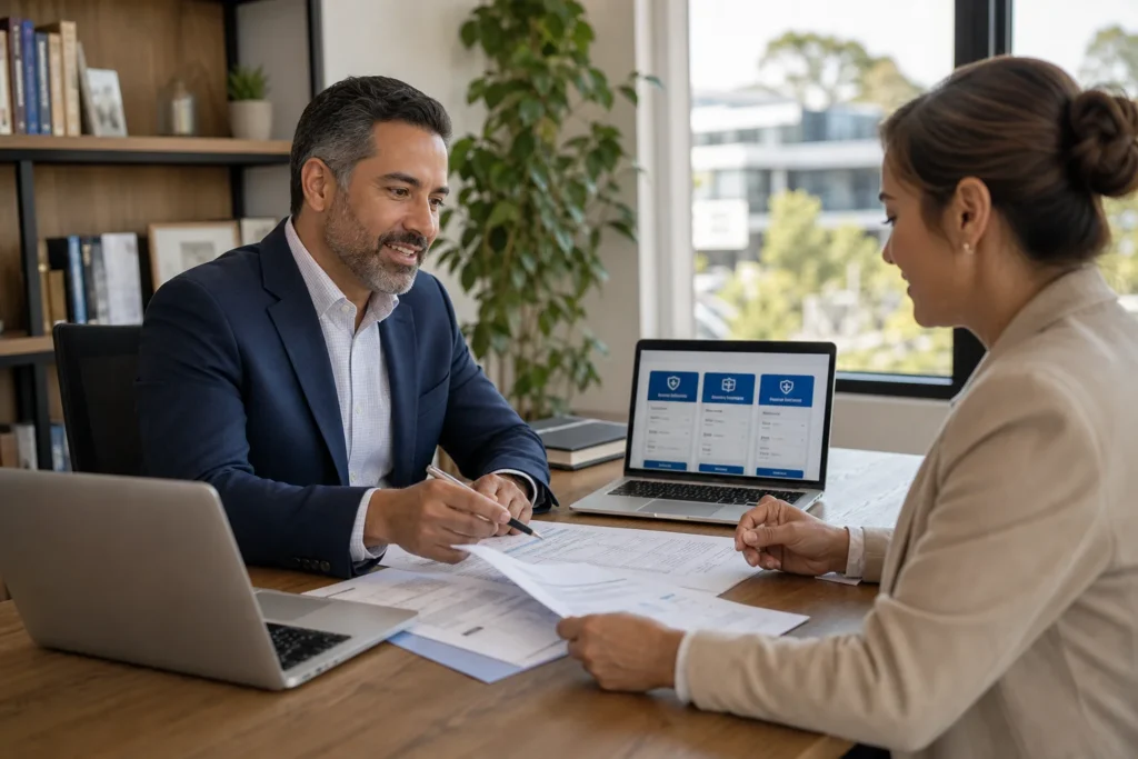 Health insurance advisor meeting with a real estate professional to review a tax guide for deducting health insurance premiums