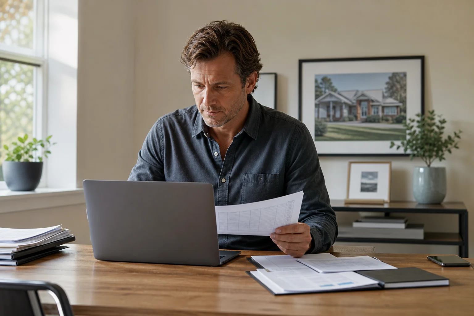 A self-employed real estate professional reviewing health insurance plan options on a laptop at a home office desk, with policy documents nearby