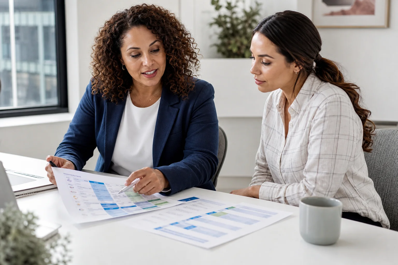A licensed health insurance advisor reviewing short-term and ACA plan options with a self-employed client at a desk in a bright Phoenix-area office