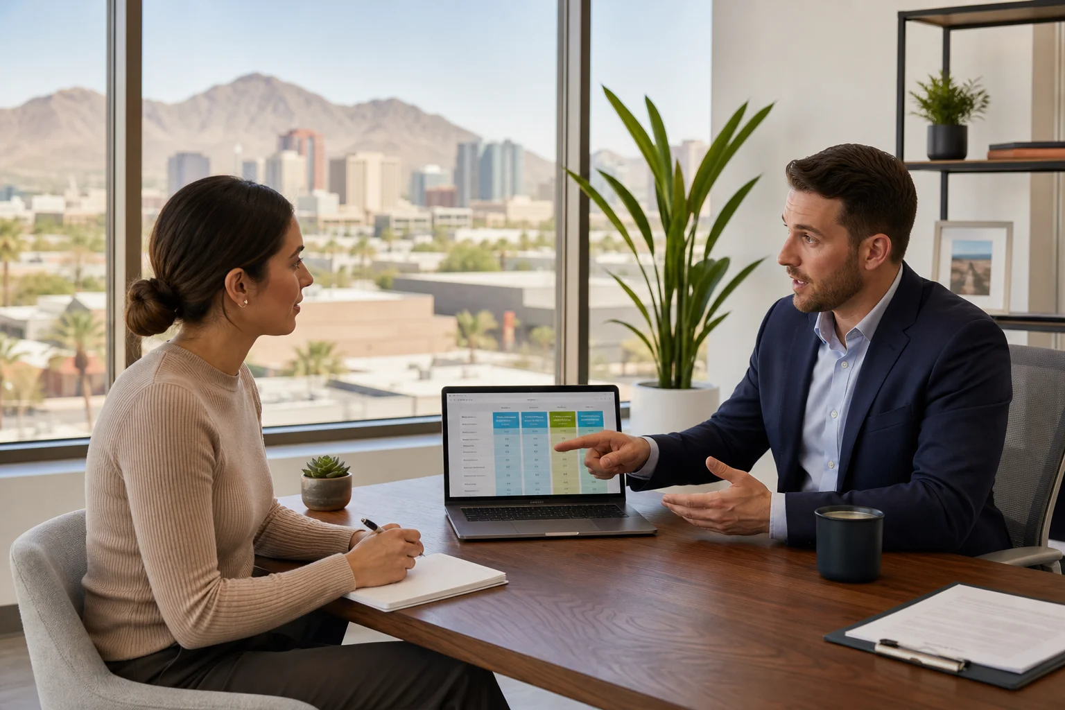 Young adult reviewing catastrophic health insurance plans with a licensed advisor in a Phoenix, Arizona office