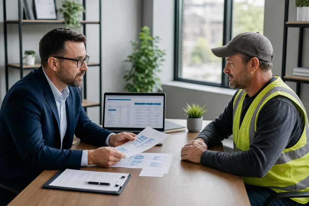 Construction business owner reviewing health insurance checklist options with a licensed advisor in a professional office setting