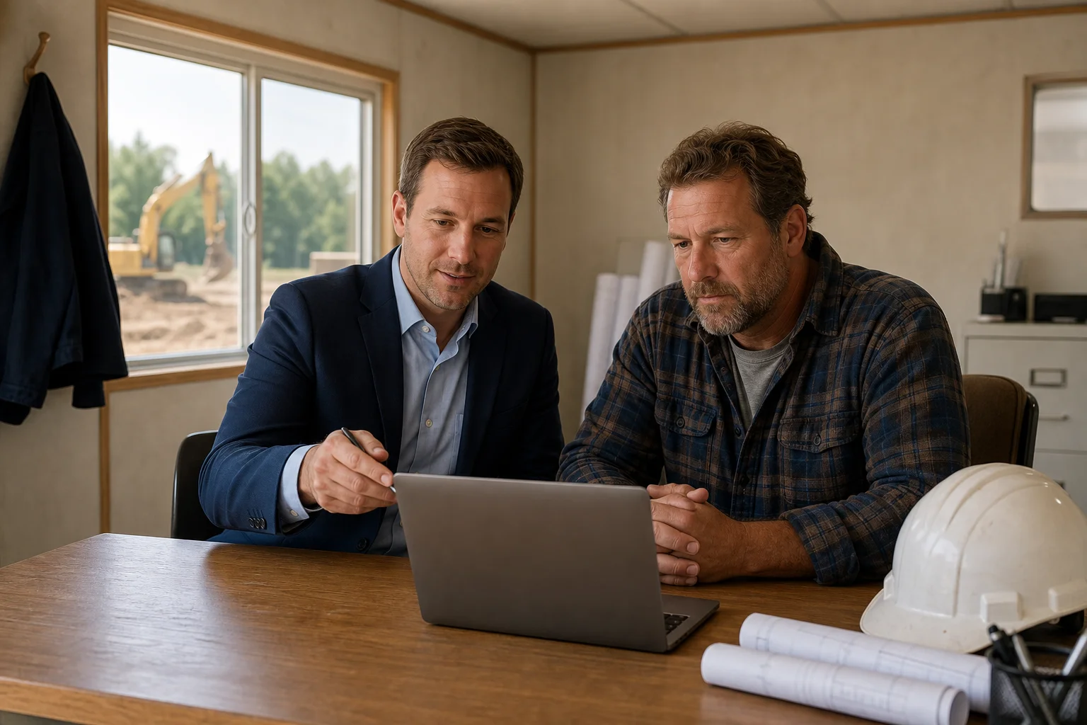A health insurance advisor reviewing coverage options on a laptop with a construction business owner at a job site trailer office
