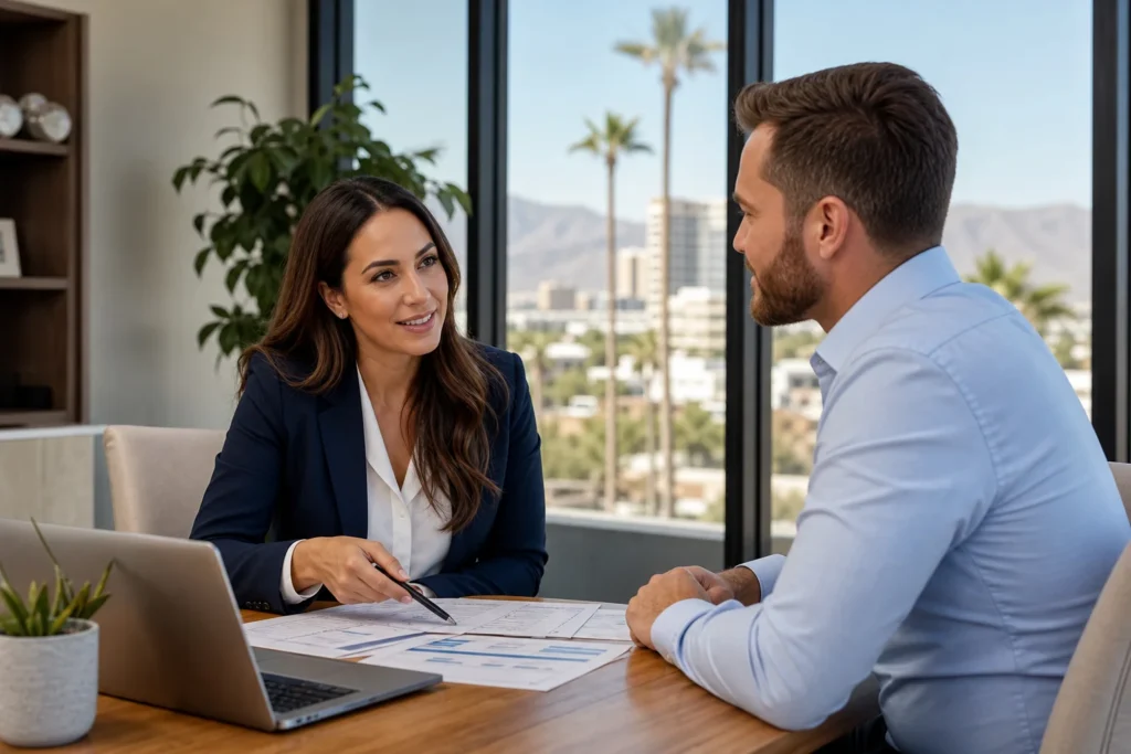 Health insurance advisor meeting with a mortgage broker to discuss health insurance for mortgage brokers in Arizona