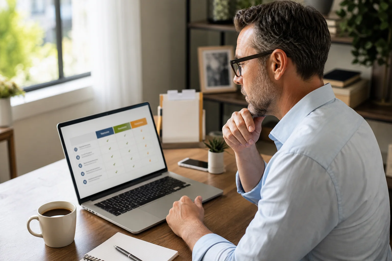 A mortgage broker reviewing health insurance plan options on a laptop at a home office desk
