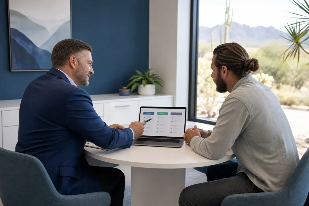 Health insurance advisor helping a client compare HMO vs PPO vs EPO in Arizona plan options
