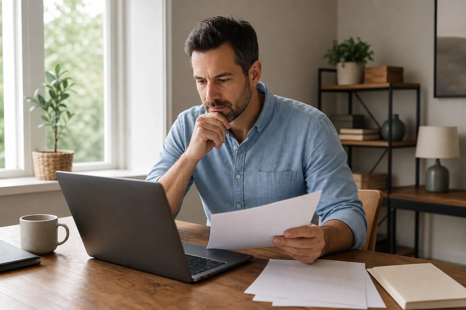 Self-employed professional reviewing health insurance plan options on a laptop at a home office desk
