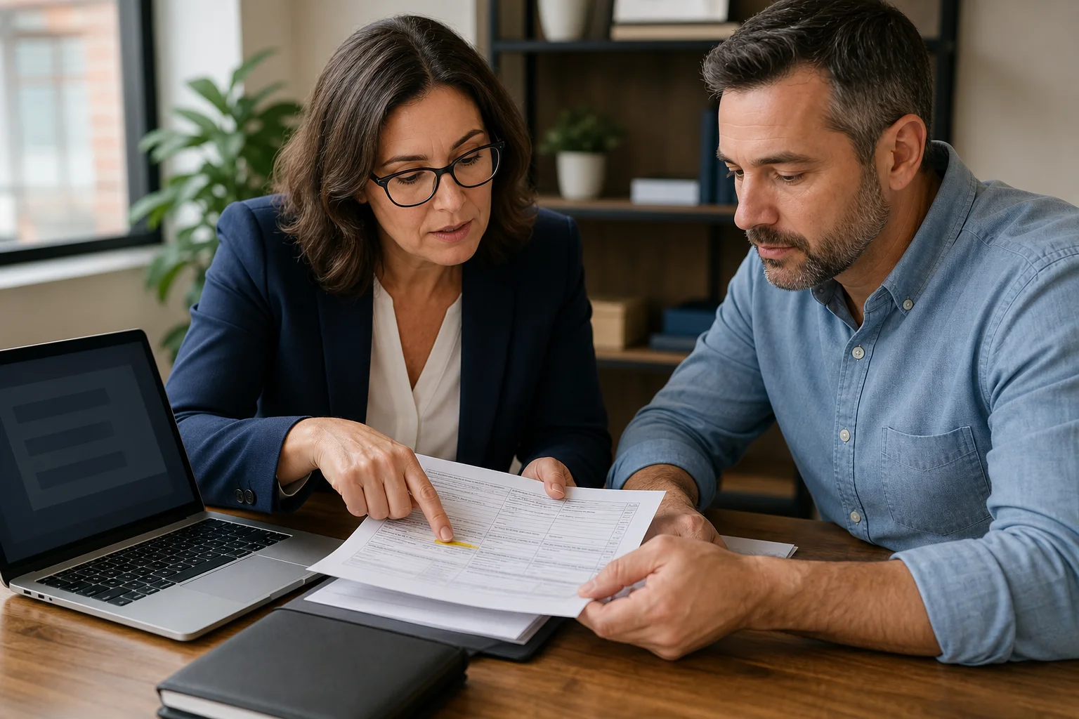 A financial advisor reviewing S corp payroll and health insurance premium documents with a small business owner