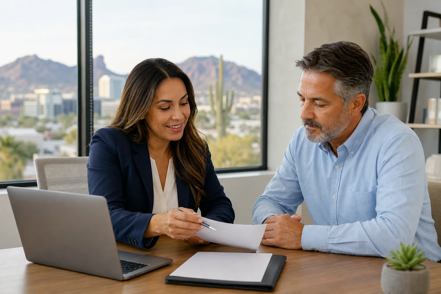 Health insurance advisor helping a client check Banner, HonorHealth or Mayo network coverage on a laptop