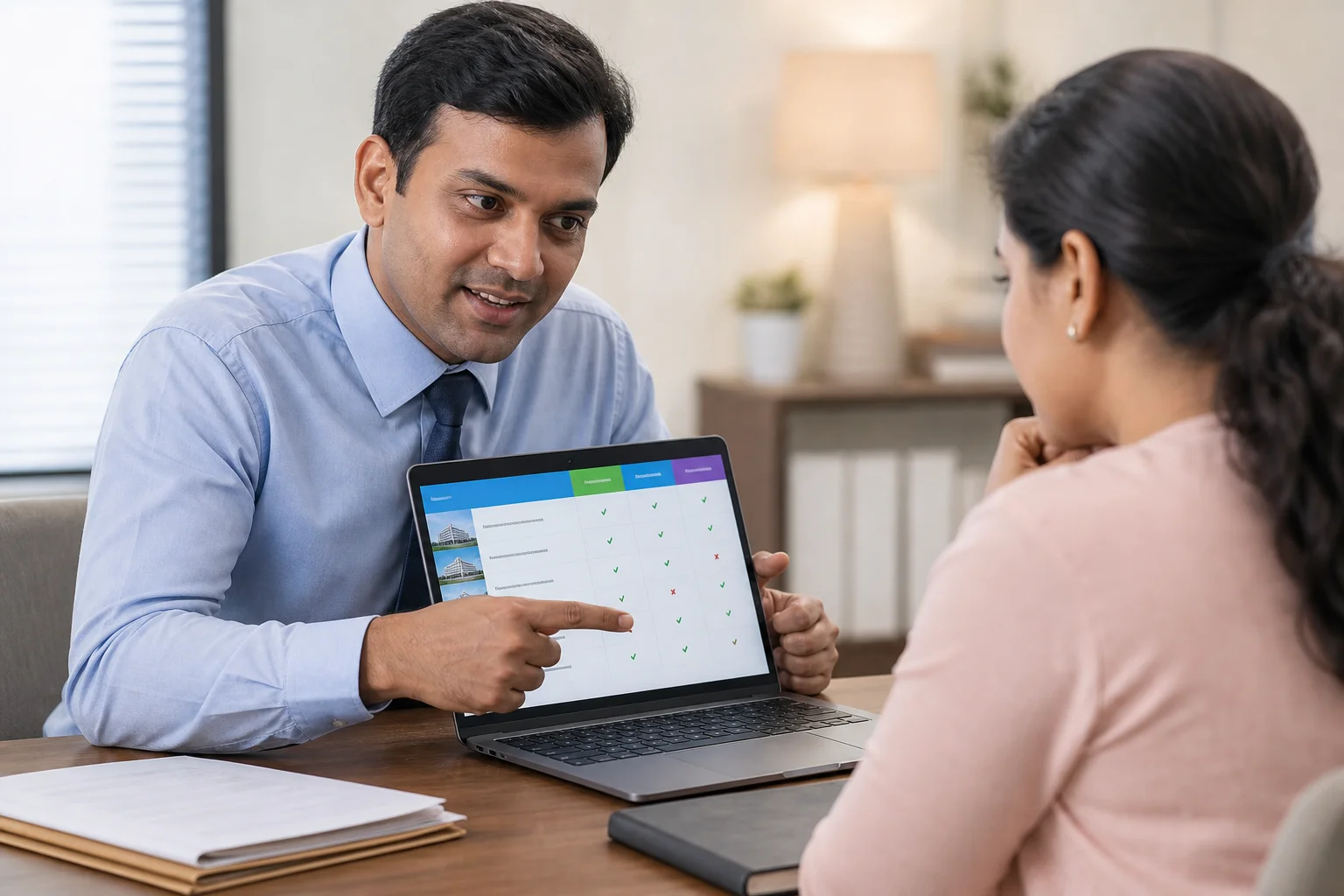 Health insurance advisor and client reviewing Arizona hospital network options on a laptop