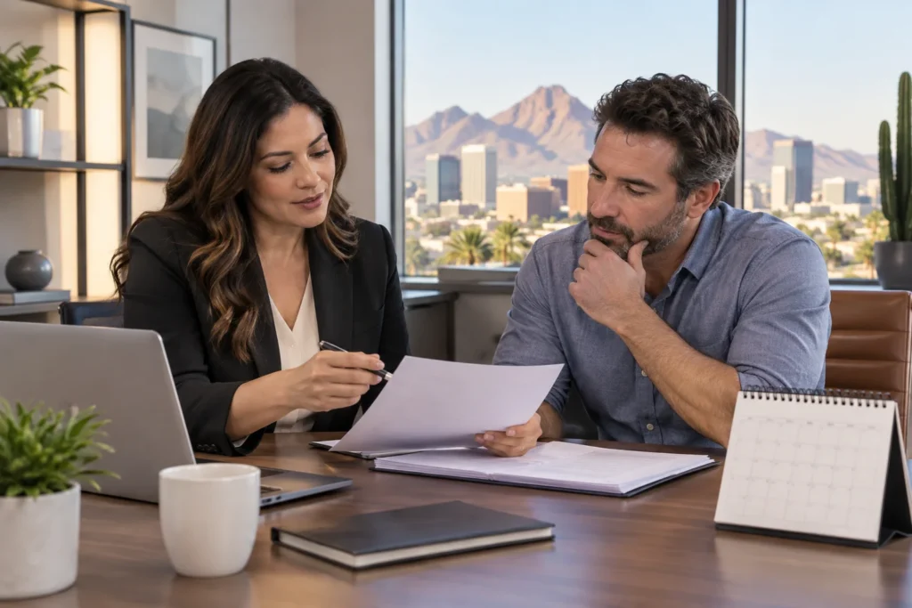Health insurance advisor helping an Arizona small business owner prepare group coverage effective January 1