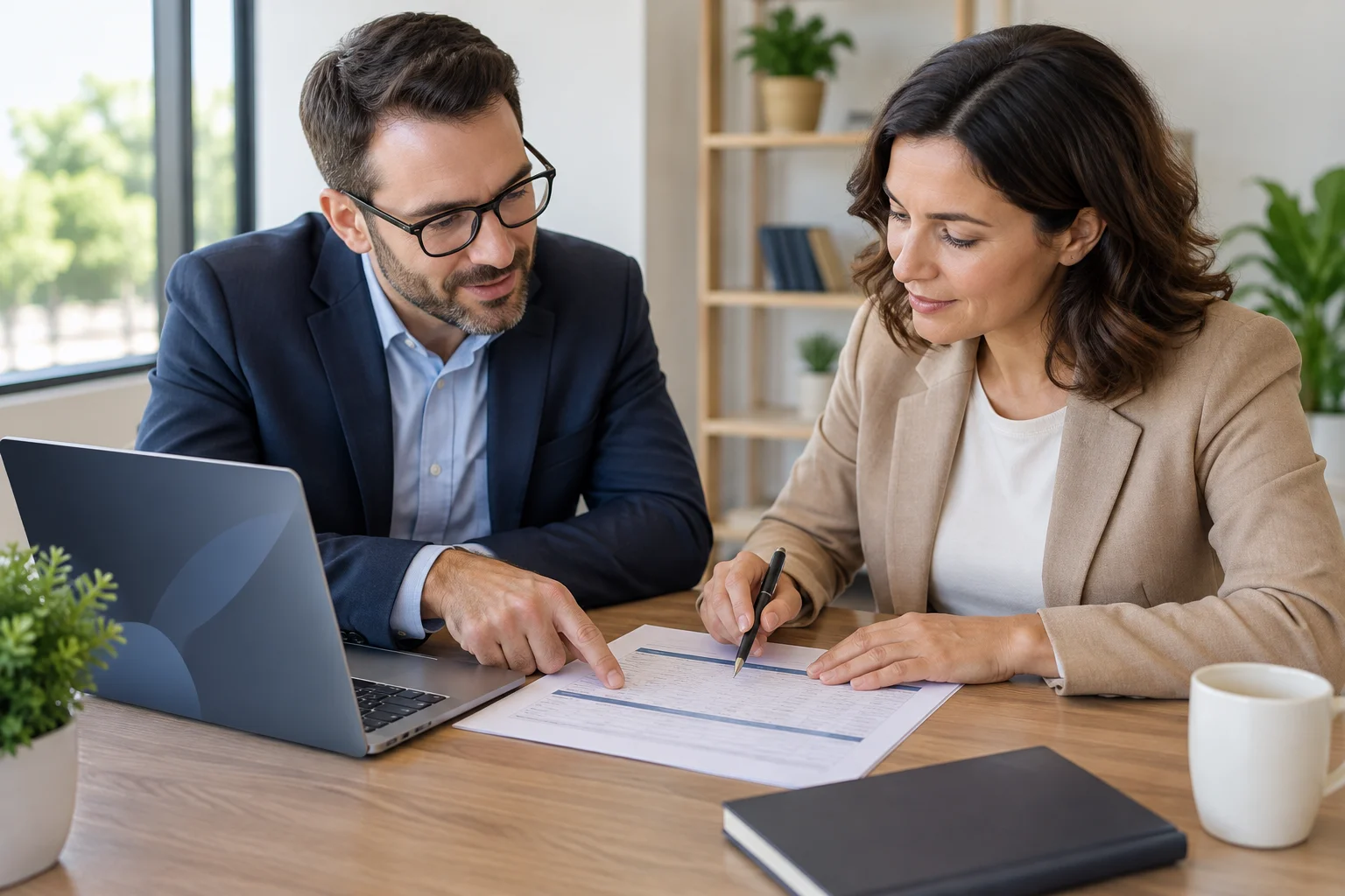 Health insurance advisor and small business owner reviewing group health insurance enrollment paperwork at a desk