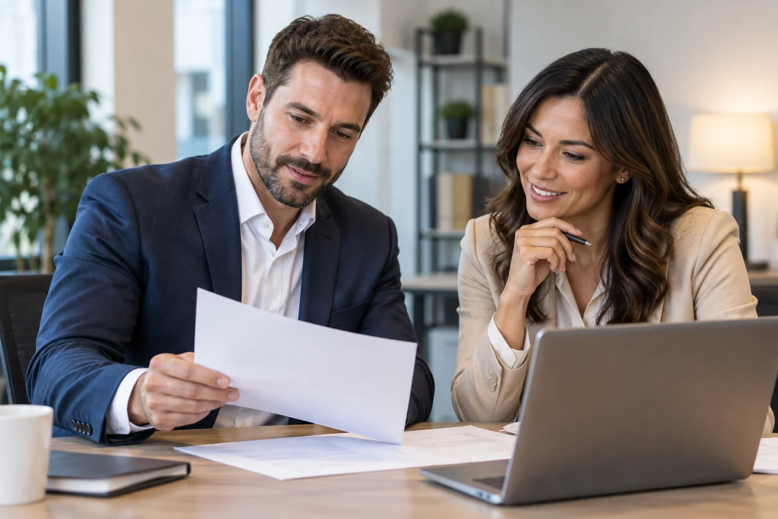 Real estate broker and small business advisor reviewing group health plan options at an office desk