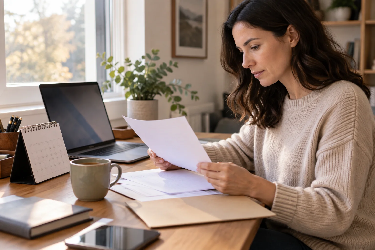Self-employed professional reviewing health insurance documents and laptop at year-end