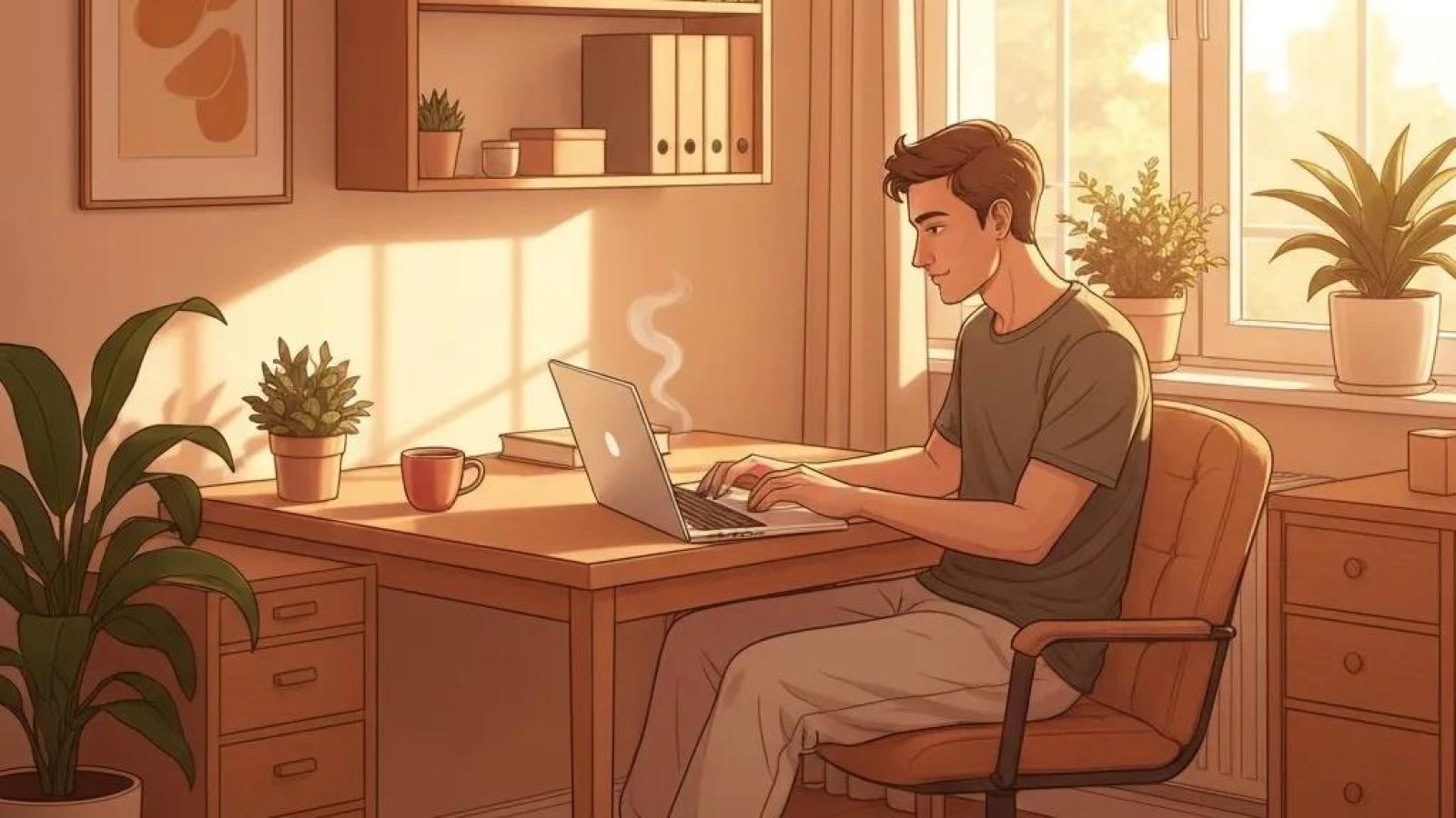 Freelancer working in a cozy home office with health insurance documents and a laptop