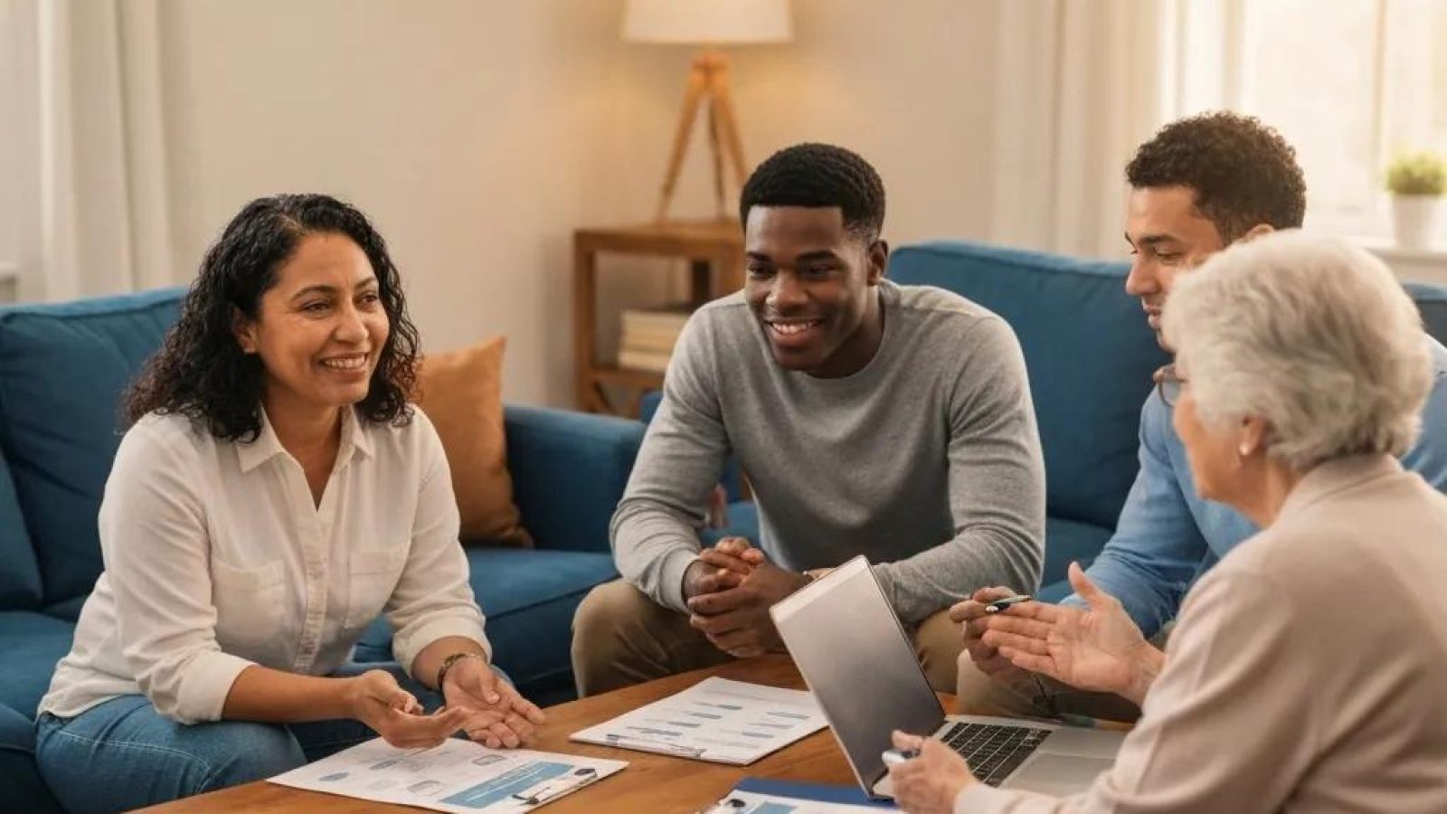A diverse group of people happily discussing health insurance options in a comfortable living room setting, emphasizing community and support.