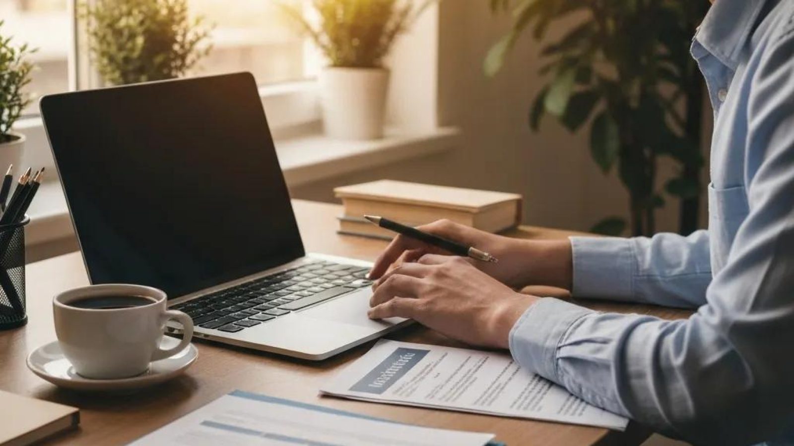 Self-employed individual in a cozy home office reviewing health insurance options
