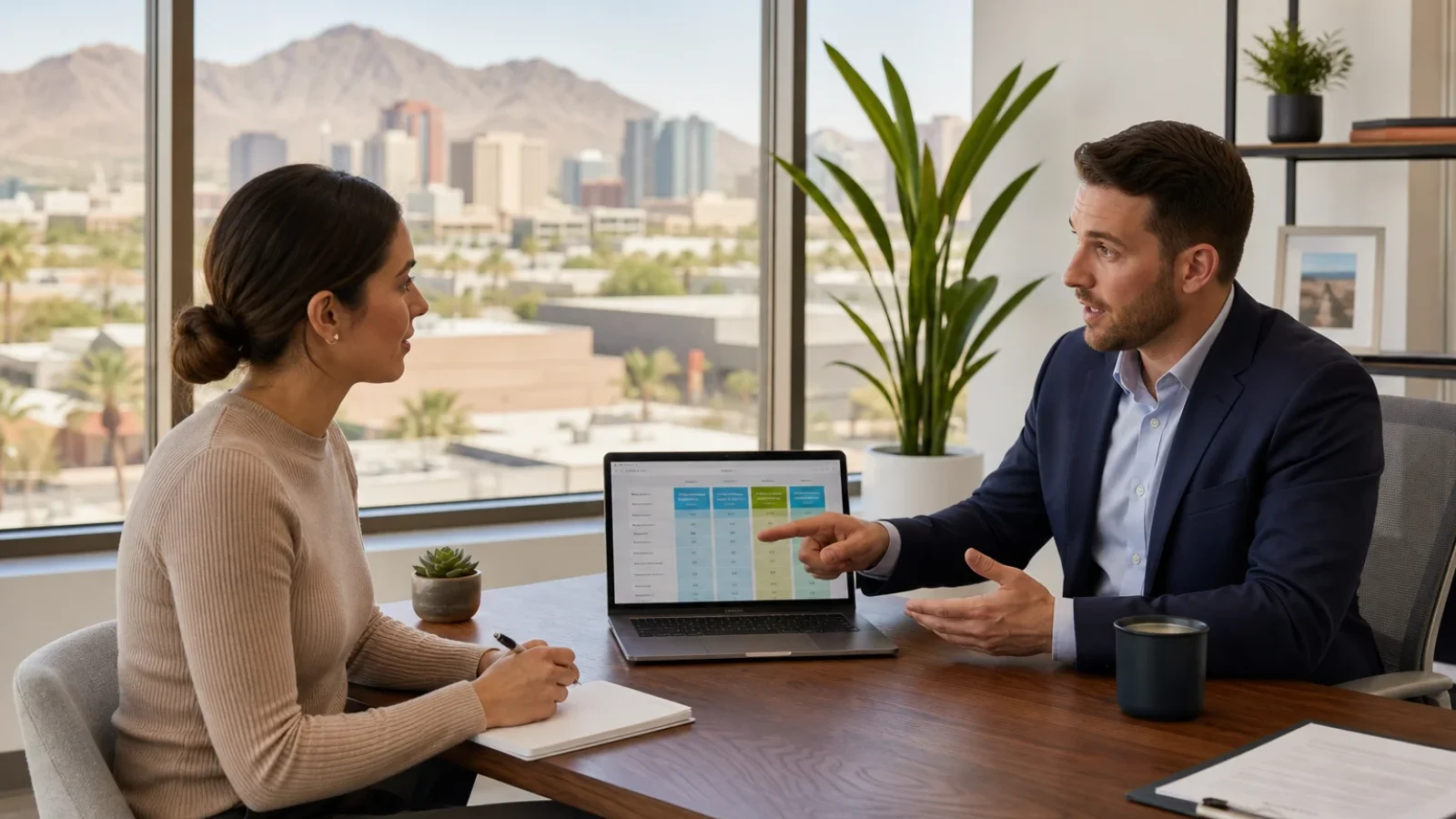 Young adult reviewing catastrophic health insurance plans with a licensed advisor in a Phoenix, Arizona office