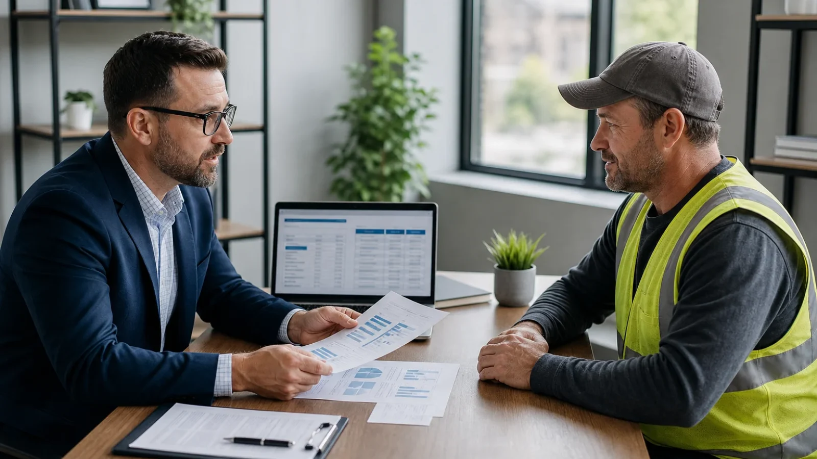 Construction business owner reviewing health insurance checklist options with a licensed advisor in a professional office setting