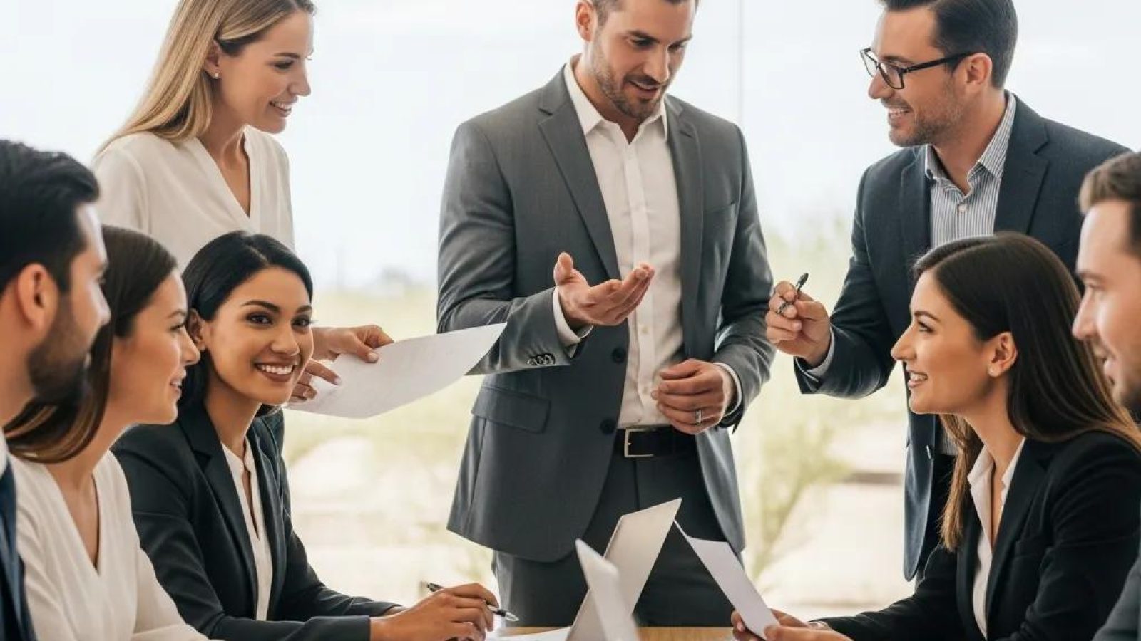 Diverse Arizona real estate team discussing health insurance options in a modern office setting
