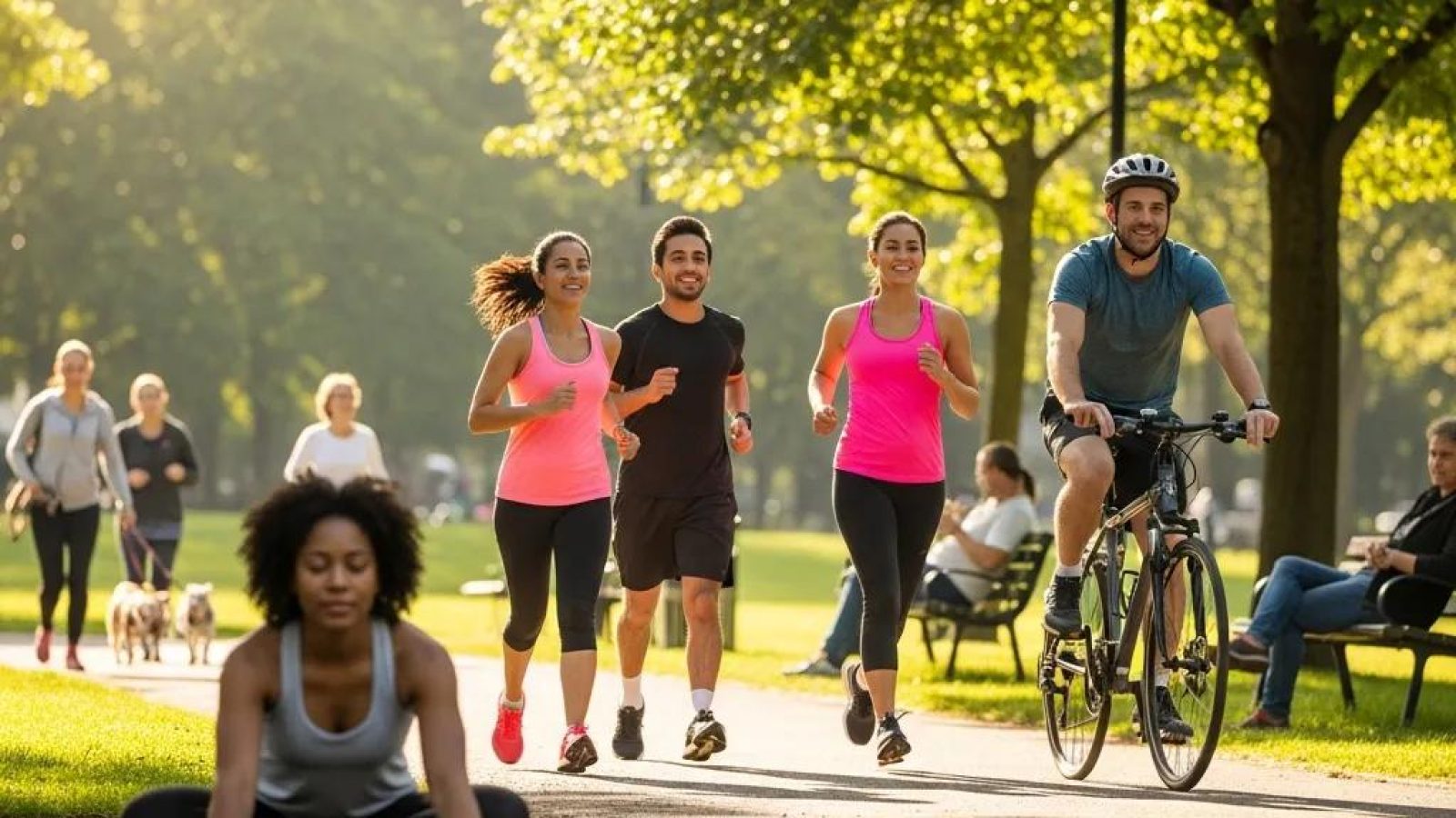 Diverse group of people engaging in healthy activities in a park, promoting wellness and healthy living