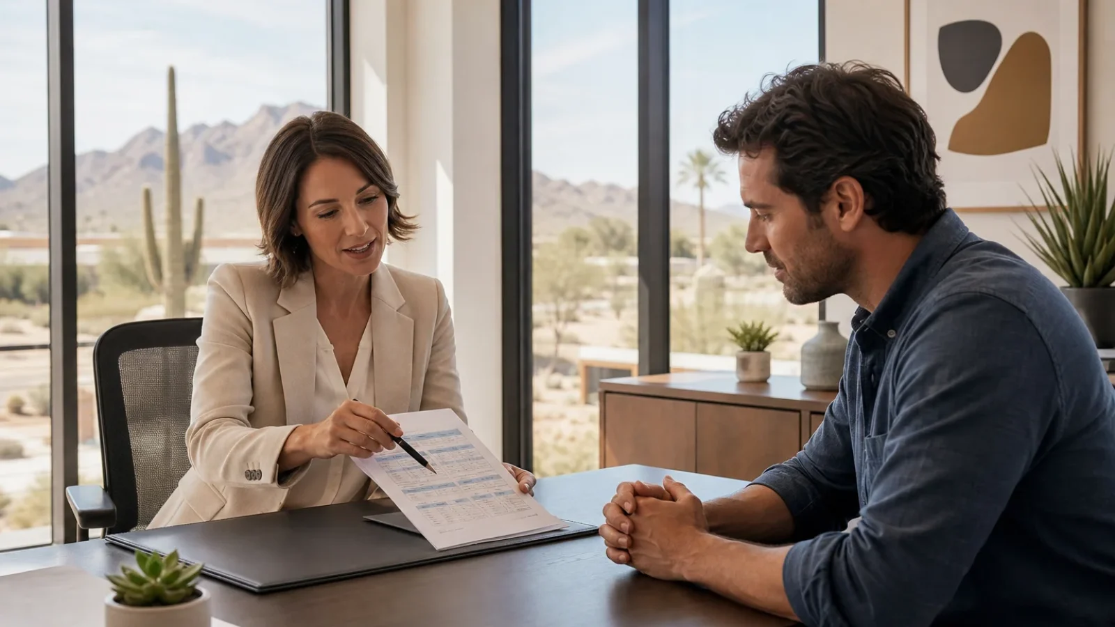 Health insurance advisor reviewing health savings account options with a self-employed professional in Arizona