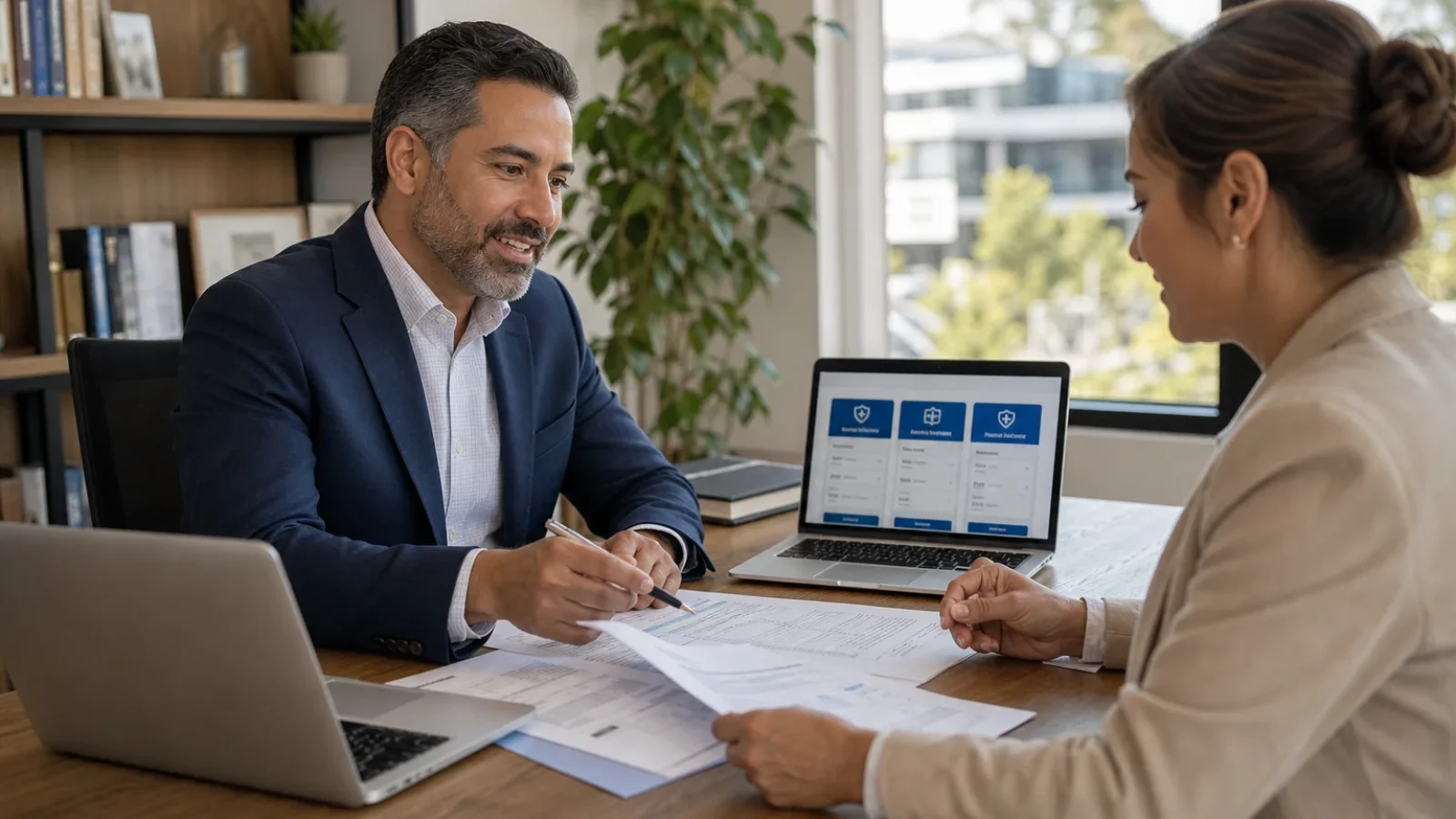 Health insurance advisor meeting with a real estate professional to review a tax guide for deducting health insurance premiums