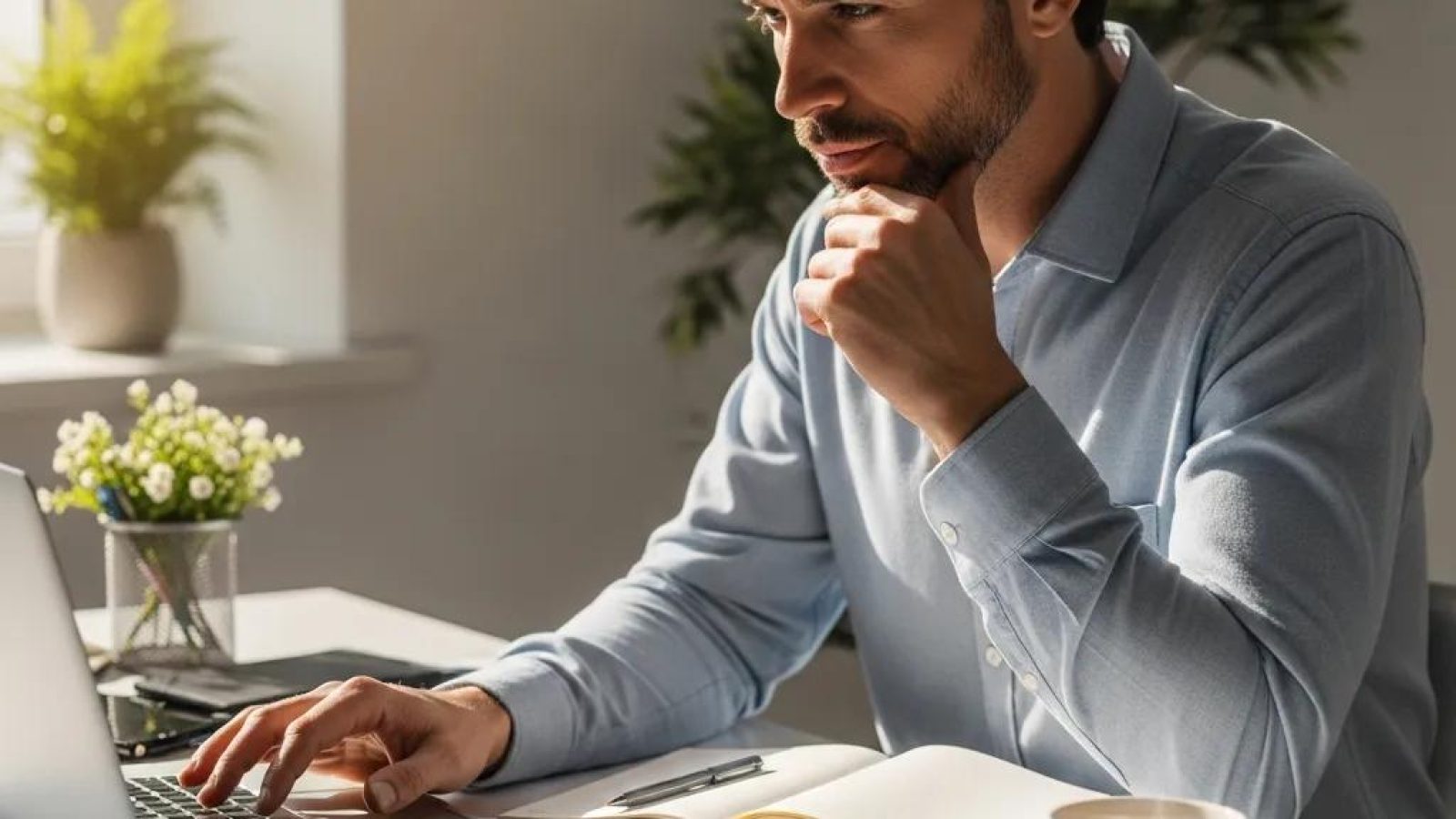 Self-employed real estate agent reviewing health insurance options in a cozy home office