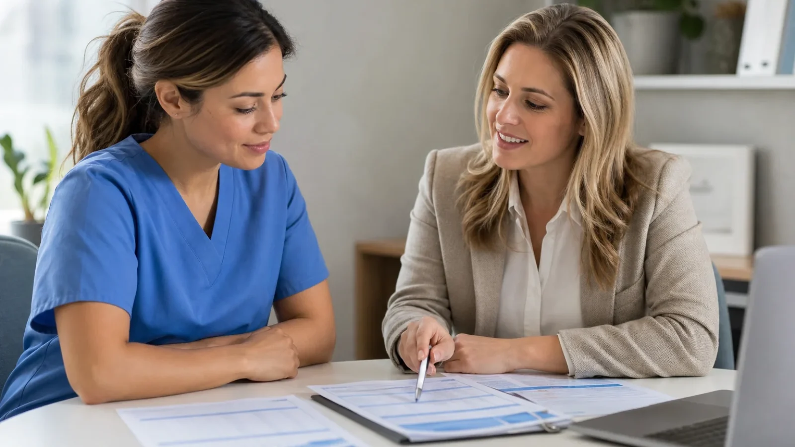 Travel nurse reviewing health insurance plan options with an advisor at a professional desk